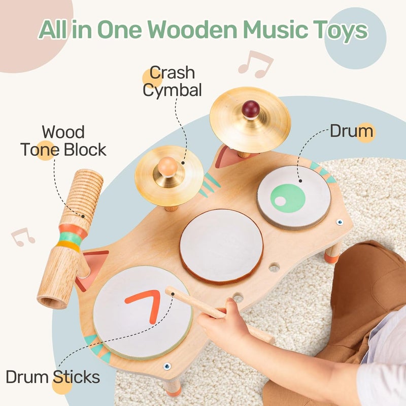 wingyz Store Kids Drum Set for Toddlers, All-in-One Montessori Musical Instruments - Wooden Music Toys for Baby, Neutral Colors, Sensory Preschool Drum Kit, Birthday Gifts for Boys Girls - Image 2
